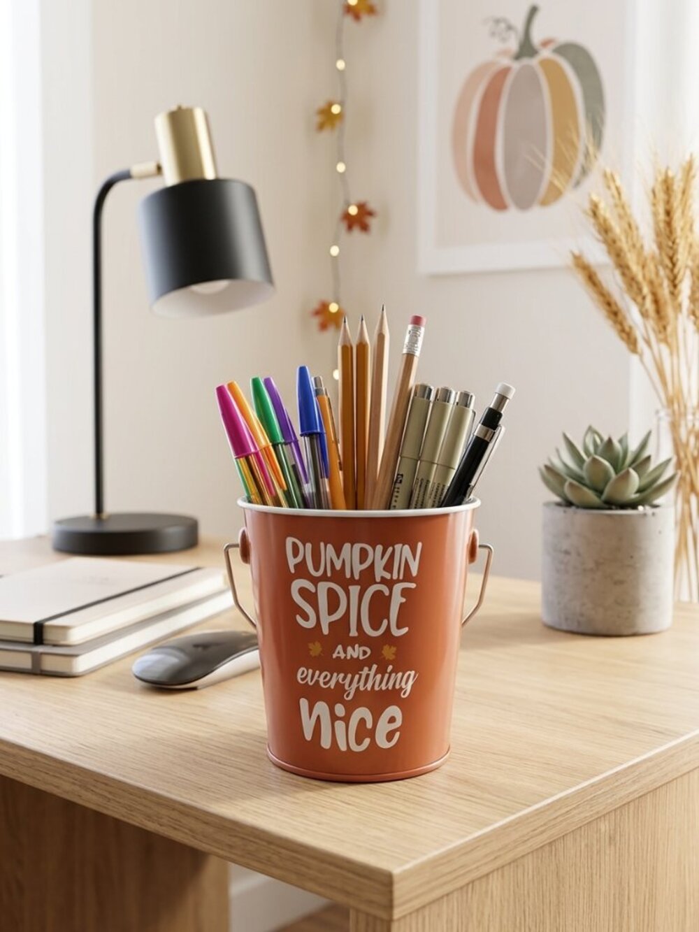 Pumpkin Spice Everything Nice Metal Pail Bucket Fall Desk Organizer Pen Cup 4"